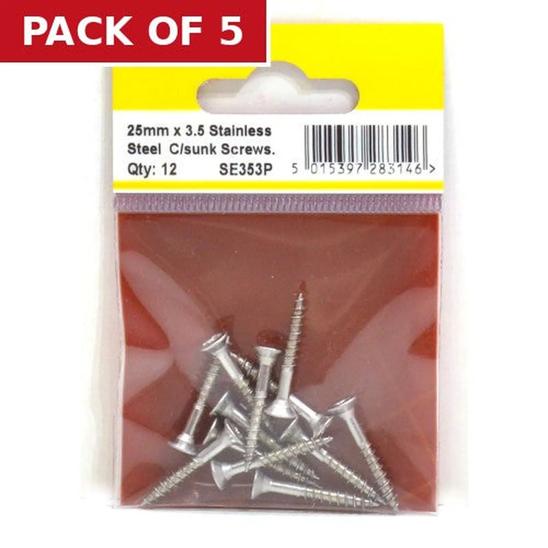 Centurion 3.5mm x 25mm Stainless Steel Chipboard Screws CRCS Head Countersunk - Pack of 5