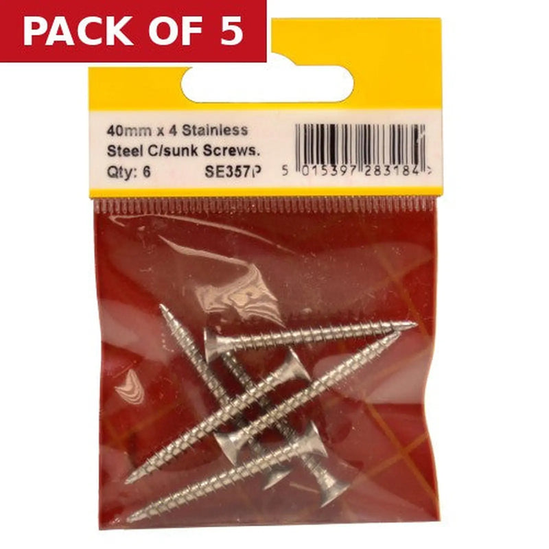 Centurion 4mm x 40mm Stainless Steel Chipboard Screws CRCS Head Countersunk - Pack of 5