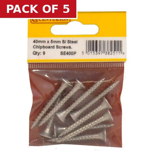 Centurion 5mm x 40mm Stainless Steel Chipboard Screws CRCS Head Countersunk - Pack of 5