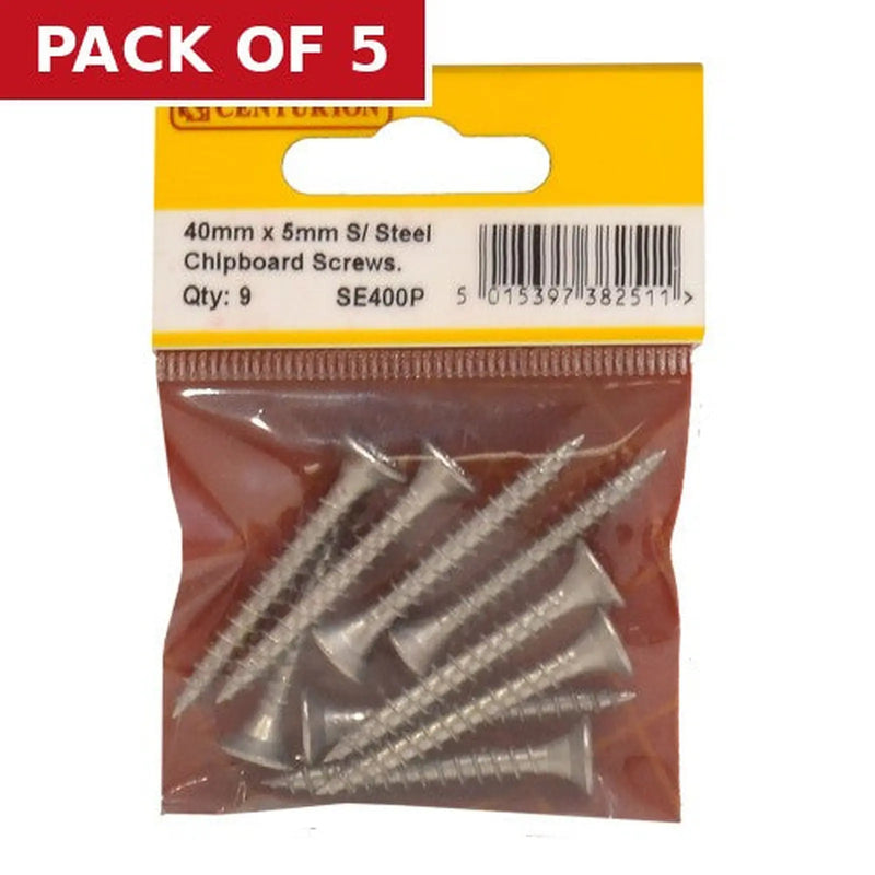 Centurion 5mm x 40mm Stainless Steel Chipboard Screws CRCS Head Countersunk - Pack of 5
