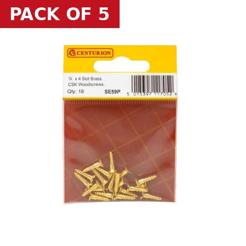 Centurion 3/4" x 4 Slotted Brass Woodscrew - Countersunk Head - (Pack of 18) - Pack of 5