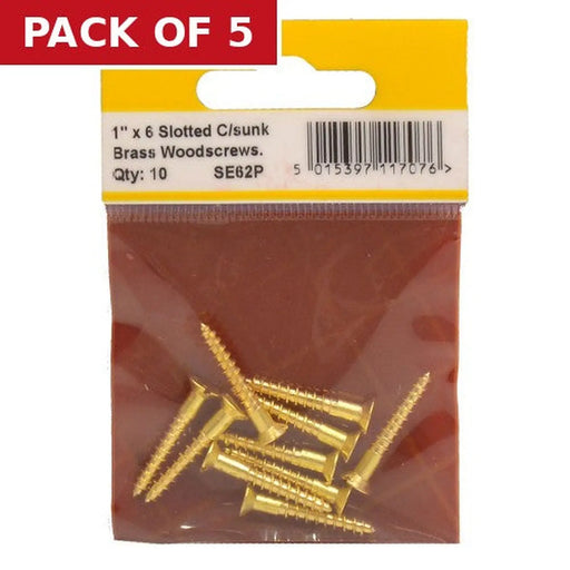 Centurion 1" x 6 Slotted Brass Woodscrew - Countersunk Head - (Pack of 10) - Pack of 5