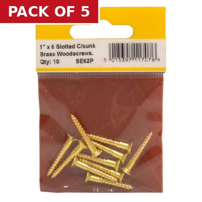 Centurion 1" x 6 Slotted Brass Woodscrew - Countersunk Head - (Pack of 10) - Pack of 5