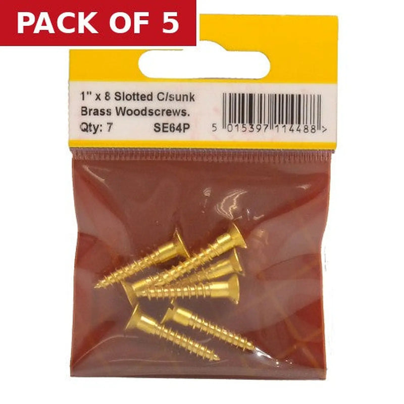 Centurion 1" x 8 Slotted Brass Woodscrew - Countersunk Head - (Pack of 7) - Pack of 5