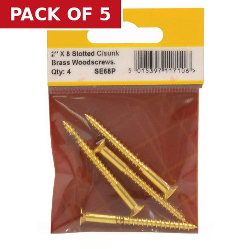 Centurion 2" x 8 Slotted Brass Woodscrew - Countersunk Head - (Pack of 4) - Pack of 5