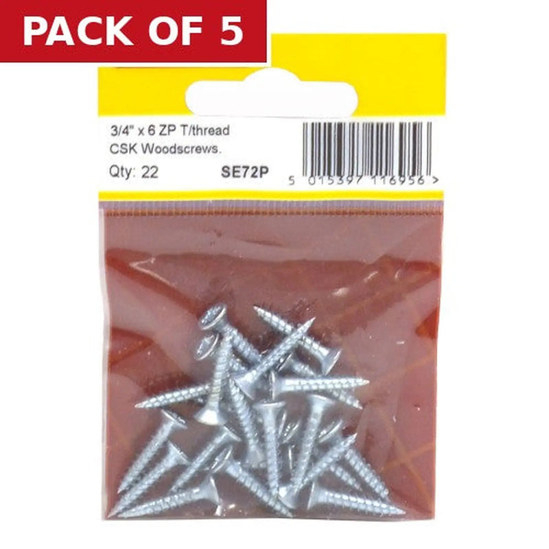 Centurion 3/4" x 6 ZP Cross Recessed Hardened Twin Thread Woodscrews with - Pack of 5