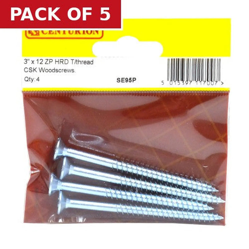 Centurion 3" x 12 ZP Cross Recessed Hardened Twin Thread Woodscrews with - Pack of 5