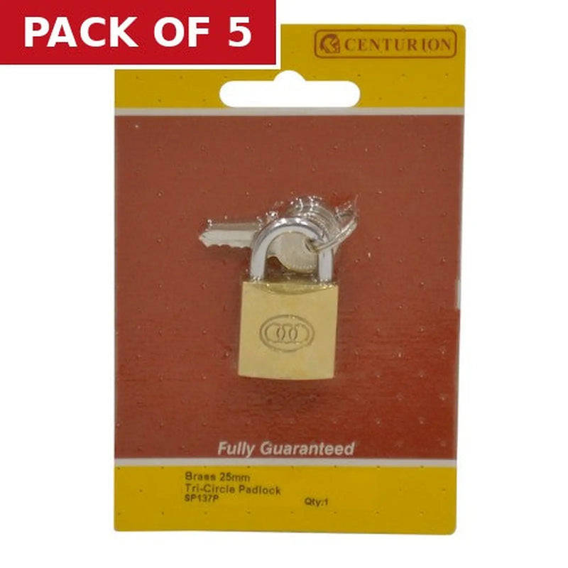 Centurion Brass  'Tri-Circle' Padlocks, 25mm - Pack of 5