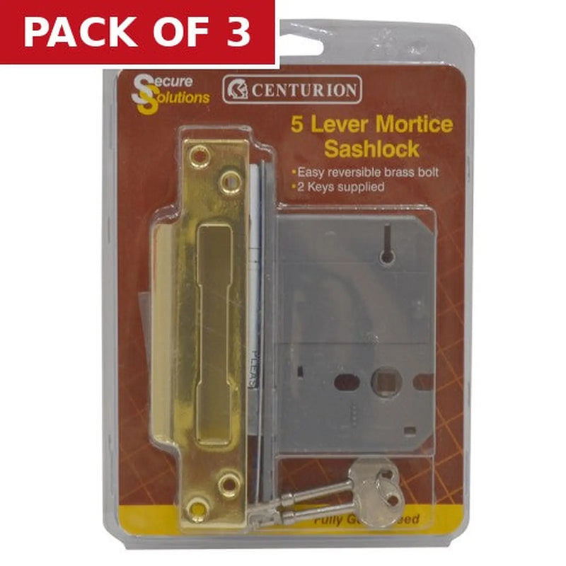 Centurion 5 Lever Mortice Sashlocks, Polished Brass, 75mm - Pack of 3