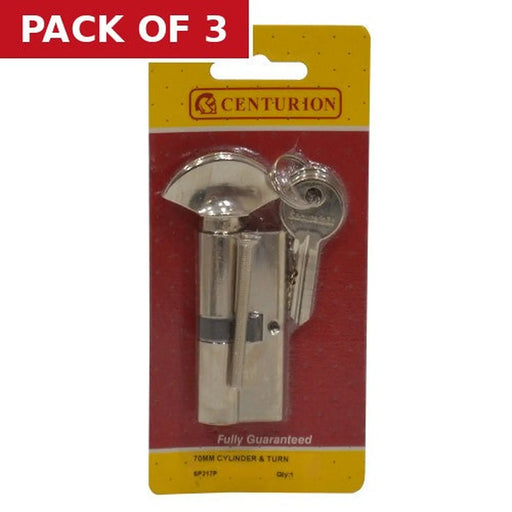 Centurion Euro Profile Cylinder and Turn, Nickel Plated, 70mm - Pack of 3