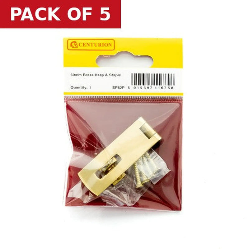 Centurion Solid Brass Hasp and Staple, Polished Brass, 50mm - Pack of 5