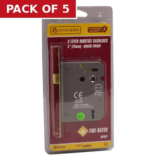 Centurion 3 Lever Mortice Sashlocks, Brassed, 75mm - Pack of 5