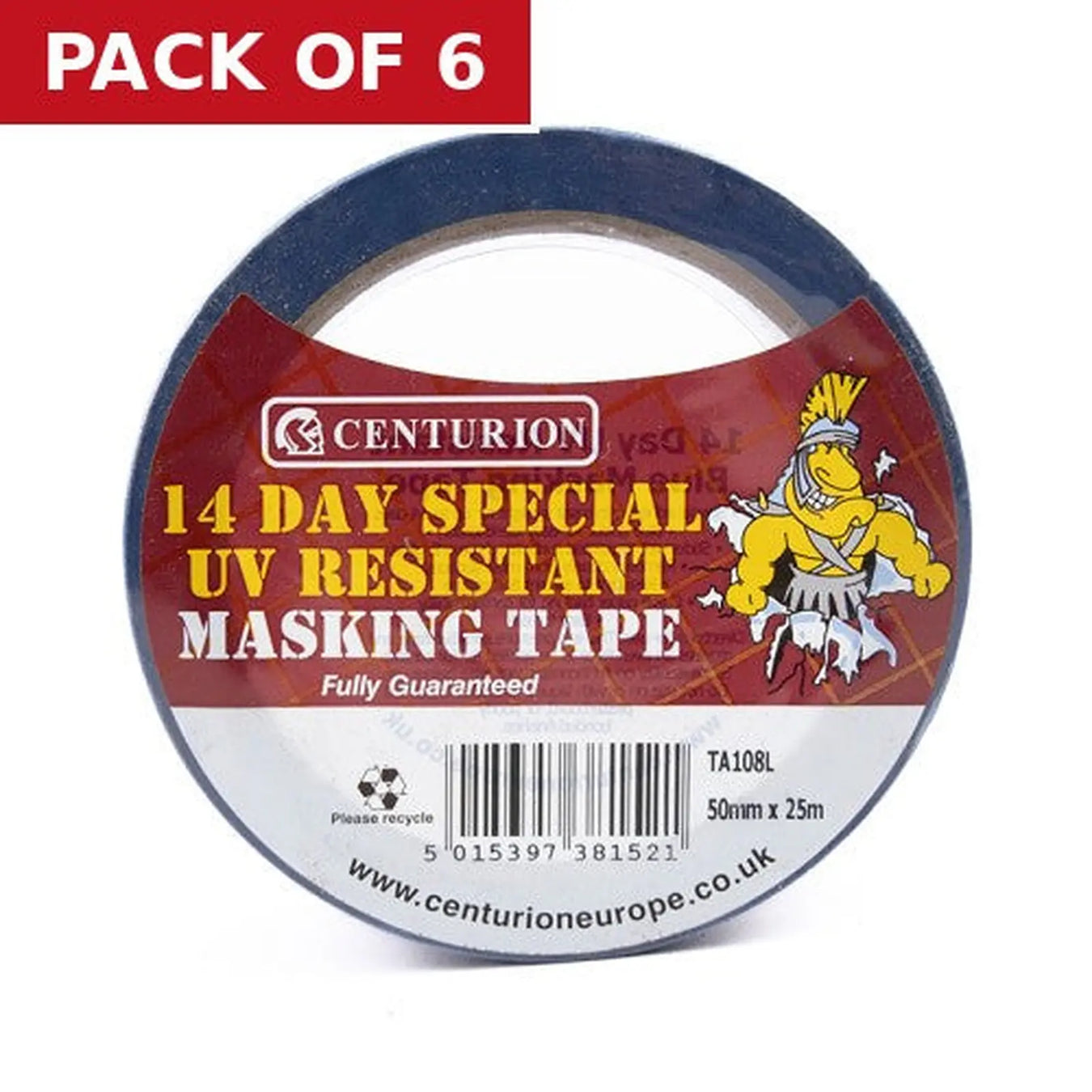 Centurion UV Resistant Medium Tack Masking Tape 50mm x 25m Roll - Pack of 6