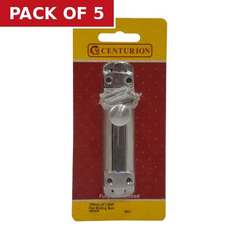 Centurion Flat Slide Bolt, Satin Nickel, 100mm - Pack of 5
