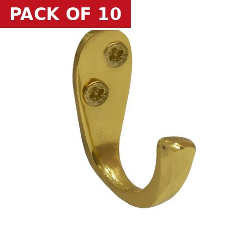 Centurion Solid Brass Single Wardrobe Hook - Polished Brass - Pack of 10