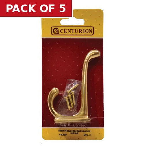 Centurion 100mm School Style Solid Brass Hat & Coat Hook - Polished Brass - - Pack of 5