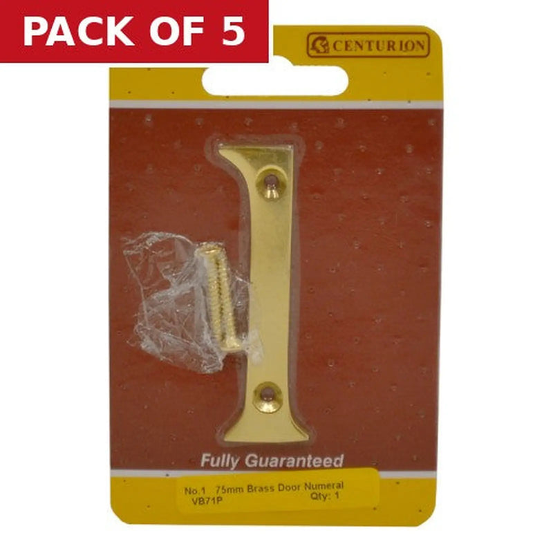 Centurion No.1 Solid Brass Door Numbers and Letters, 75mm - Pack of 5