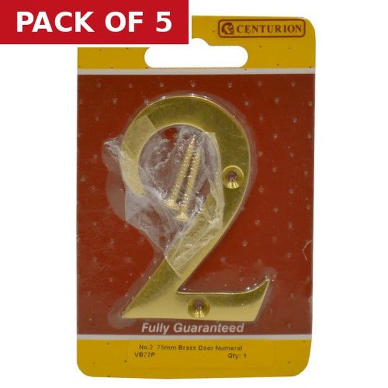 Centurion No.2 Solid Brass Door Numbers and Letters, 75mm - Pack of 5