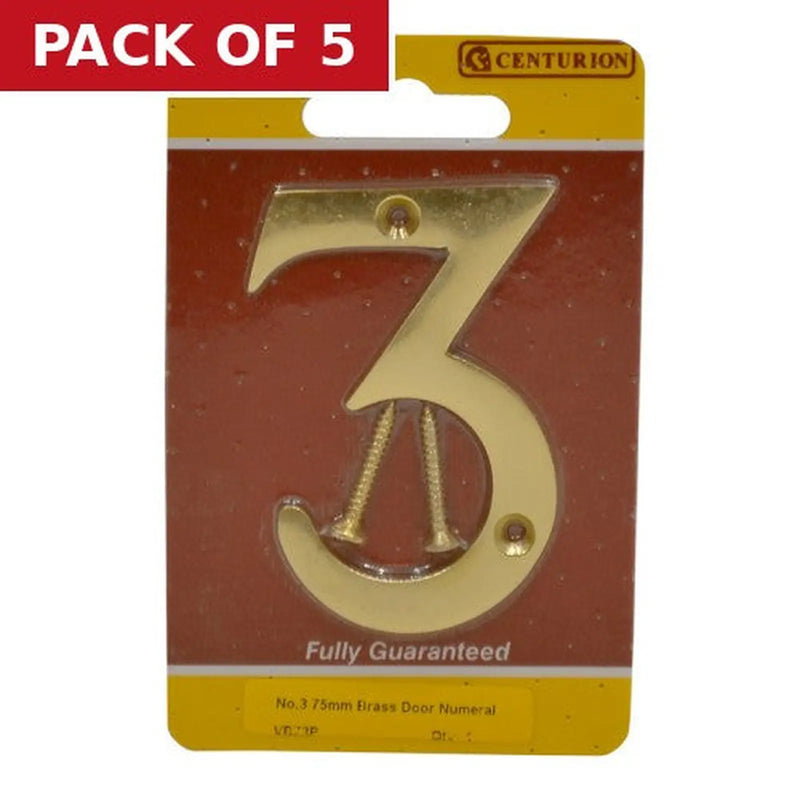 Centurion No.3 Solid Brass Door Numbers and Letters, 75mm - Pack of 5