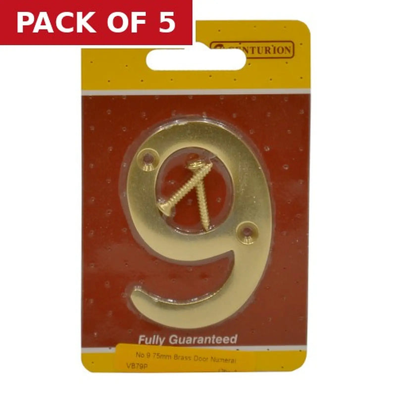 Centurion No.9 Solid Brass Door Numbers and Letters, 75mm - Pack of 5