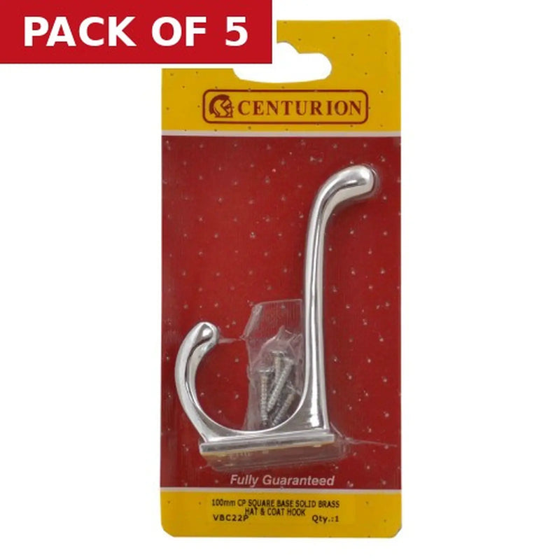 Centurion 100mm School Style Solid Brass Hat & Coat Hook - Chrome Plated - - Pack of 5