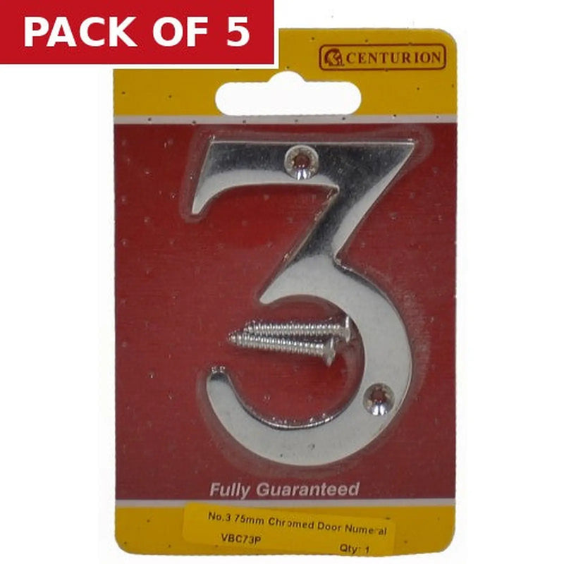 Centurion No.3 Chromed Door Numbers and Letters, 75mm - Pack of 5