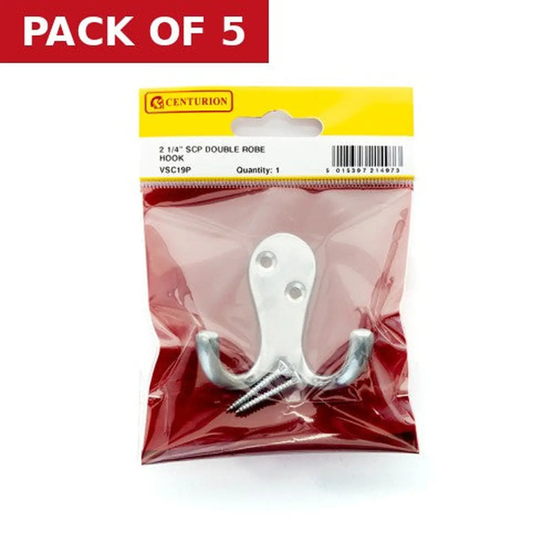 Centurion 75mm Solid Brass Double Robe Hook - Satin Chrome - Pack Qty 1 - Pack of 5
