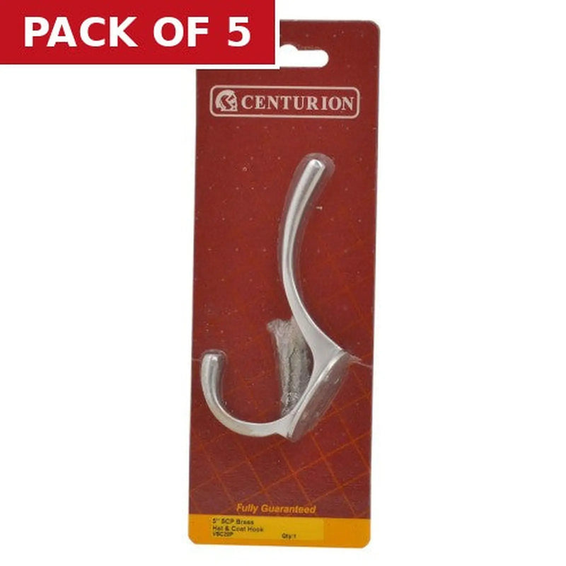 Centurion 125mm Solid Brass Hat & Coat Hook - Satin Chrome - Pack Qty 1 - Pack of 5