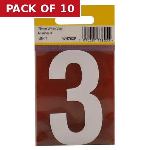 Centurion 75mm White Helvetica Bold Condensed Style Vinyl Number 3 - Pack of 10