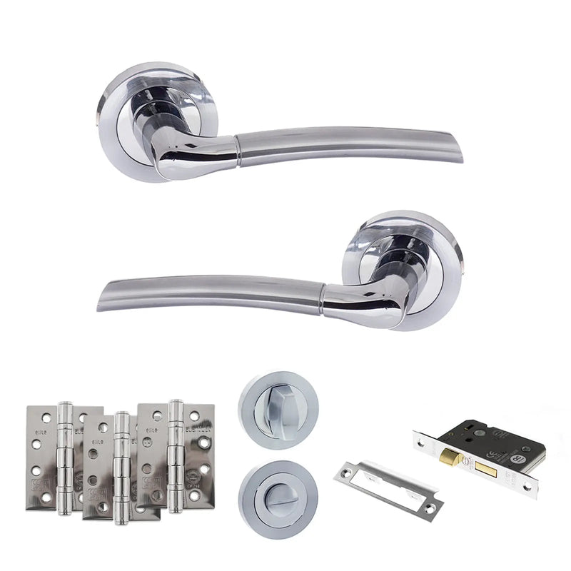 Atlantic Eco Swell Door Handle Pack (Bathroom Set - 2.5" CE Bathroom Lock, 4" Fire Rated Hinges x3) - Satin Chrome/Polished Chrome