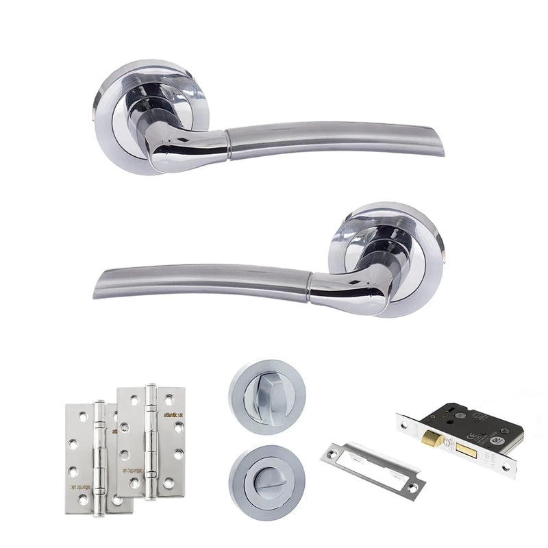 Atlantic Eco Swell Door Handle Pack (Bathroom Set - 2.5" CE Bathroom Lock, 4" Slim Knuckle Hinges x2) - Satin Chrome/Polished Chrome