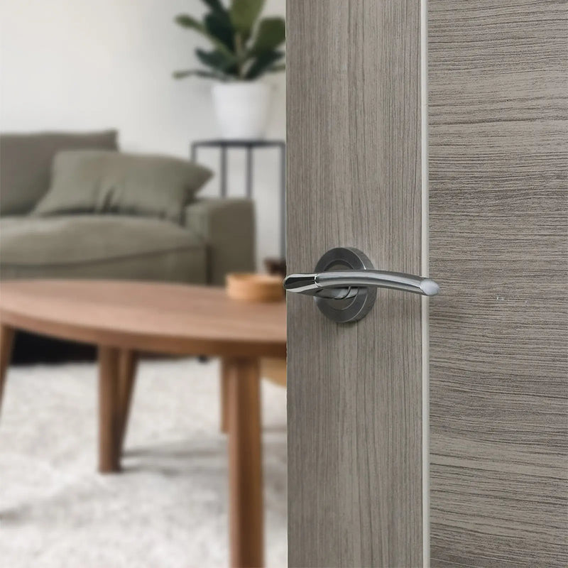 Atlantic Eco Swell Door Handle Pack (Bathroom Set - 3" CE Bathroom Lock, 4" Slim Knuckle Hinges x2) - Satin Chrome/Polished Chrome