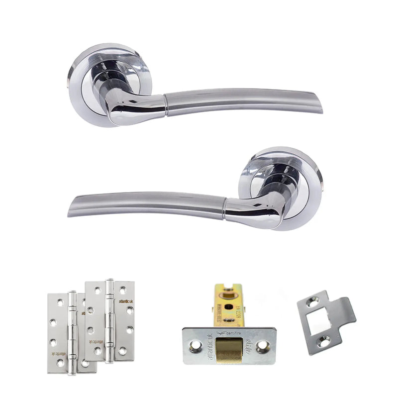 Atlantic Eco Swell Door Handle Pack (Latch Set - 2.5" CE Latch, 4" Slim Knuckle Hinges x2) - Satin Chrome/Polished Chrome