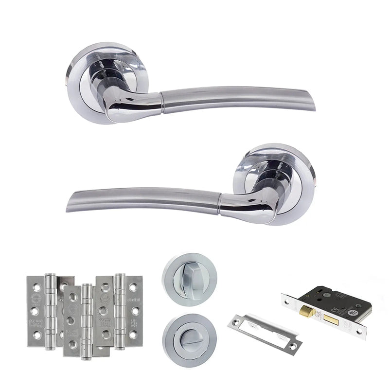 Atlantic Eco Swell Door Handle Pack (Bathroom Set - 3" CE Bathroom Lock, 3" Fire Rated Hinges x3) - Satin Chrome/Polished Chrome