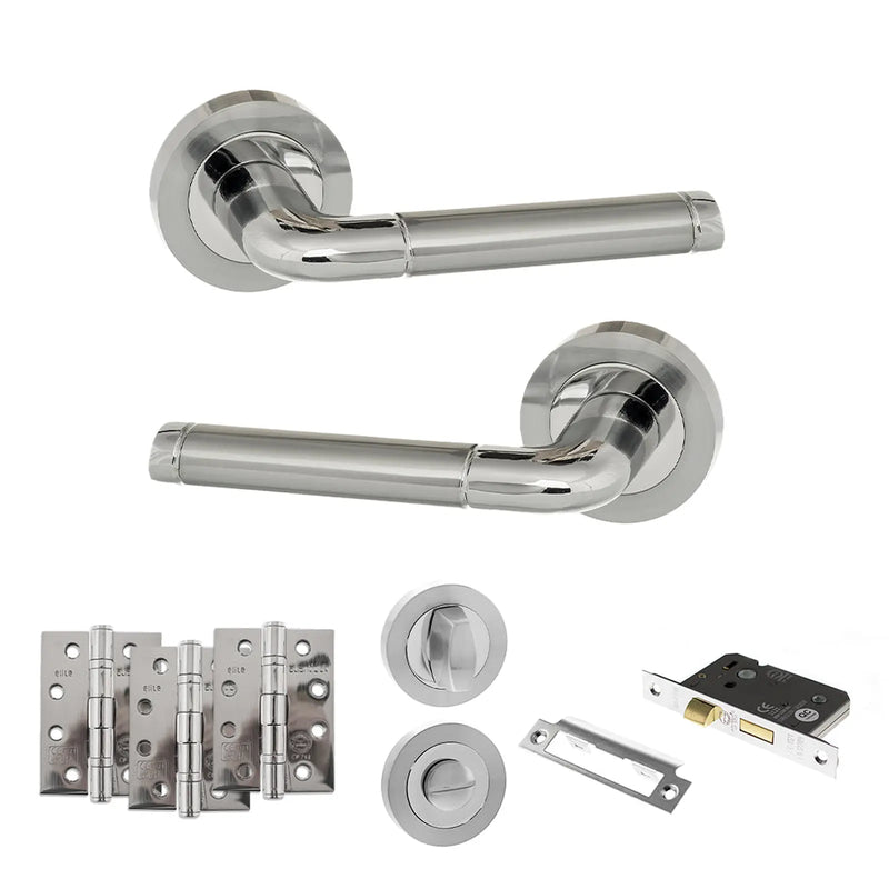 Atlantic Eco Ocean Door Handle Pack (Bathroom Set - 3" CE Bathroom Lock, 4" Fire Rated Hinges x3) - Satin Chrome/Polished Chrome