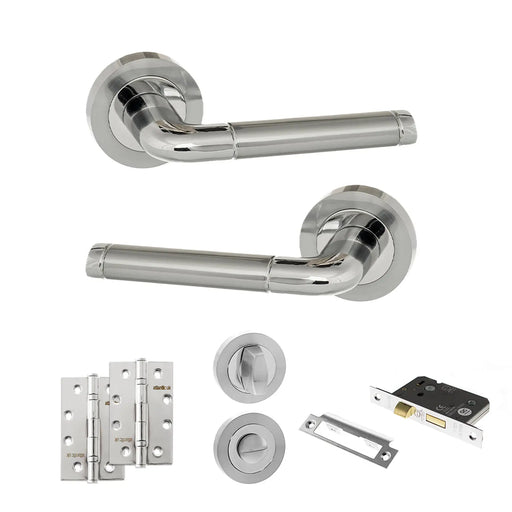 Atlantic Eco Ocean Door Handle Pack (Bathroom Set - 2.5" CE Bathroom Lock, 4" Slim Knuckle Hinges x2) - Satin Chrome/Polished Chrome
