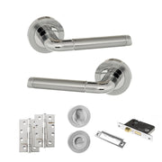 Atlantic Eco Ocean Door Handle Pack (Bathroom Set - 3" CE Bathroom Lock, 4" Slim Knuckle Hinges x2) - Satin Chrome/Polished Chrome
