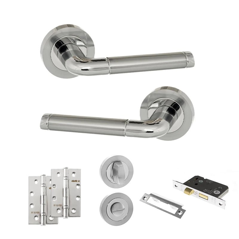 Atlantic Eco Ocean Door Handle Pack (Bathroom Set - 3" CE Bathroom Lock, 4" Slim Knuckle Hinges x2) - Satin Chrome/Polished Chrome