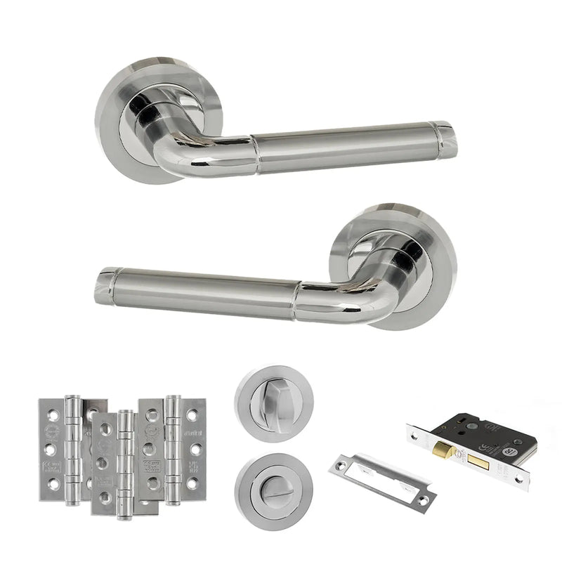 Atlantic Eco Ocean Door Handle Pack (Bathroom Set - 2.5" CE Bathroom Lock, 3" Fire Rated Hinges x3) - Satin Chrome/Polished Chrome