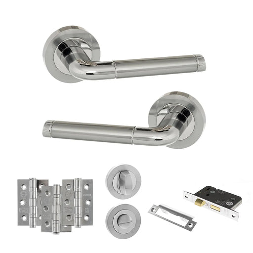 Atlantic Eco Ocean Door Handle Pack (Bathroom Set - 3" CE Bathroom Lock, 3" Fire Rated Hinges x3) - Satin Chrome/Polished Chrome