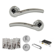 Atlantic Eco Crest Door Handle Pack (Bathroom Set - 3" CE Bathroom Lock, 4" Fire Rated Hinges x3) - Satin Chrome/Polished Chrome