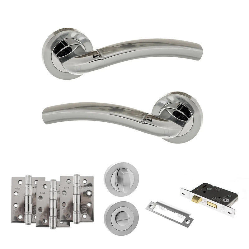 Atlantic Eco Crest Door Handle Pack (Bathroom Set - 3" CE Bathroom Lock, 4" Fire Rated Hinges x3) - Satin Chrome/Polished Chrome