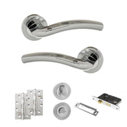 Atlantic Eco Crest Door Handle Pack (Bathroom Set - 2.5" CE Bathroom Lock, 4" Slim Knuckle Hinges x2) - Satin Chrome/Polished Chrome