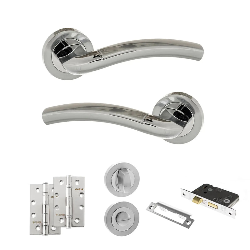 Atlantic Eco Crest Door Handle Pack (Bathroom Set - 2.5" CE Bathroom Lock, 4" Slim Knuckle Hinges x2) - Satin Chrome/Polished Chrome