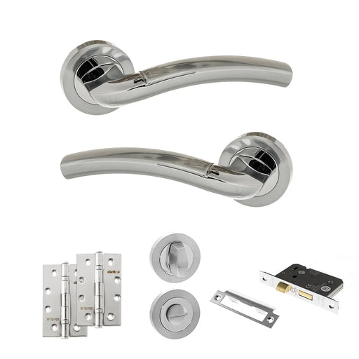 Atlantic Eco Crest Door Handle Pack (Bathroom Set - 3" CE Bathroom Lock, 4" Slim Knuckle Hinges x2) - Satin Chrome/Polished Chrome