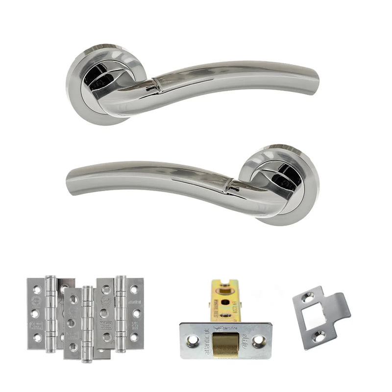 Atlantic Eco Crest Door Handle Pack (Latch Set - 2.5" CE Latch, 3" Fire Rated Hinges x3) - Satin Chrome/Polished Chrome