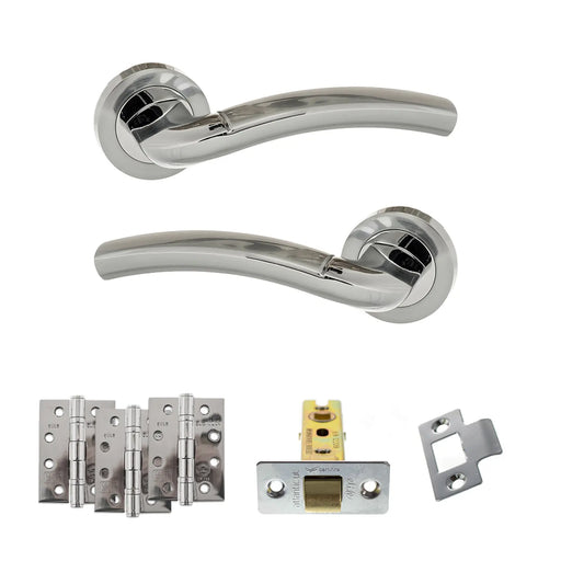 Atlantic Eco Crest Door Handle Pack (Latch Set - 2.5" CE Latch, 4" Fire Rated Hinges x3) - Satin Chrome/Polished Chrome