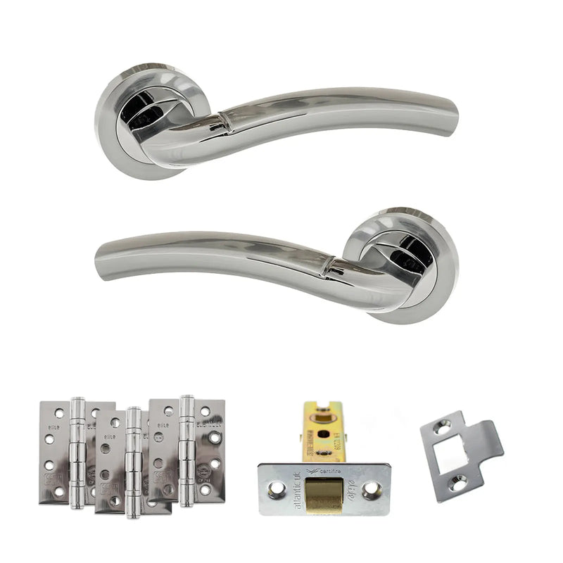 Atlantic Eco Crest Door Handle Pack (Latch Set - 2.5" CE Latch, 4" Fire Rated Hinges x3) - Satin Chrome/Polished Chrome