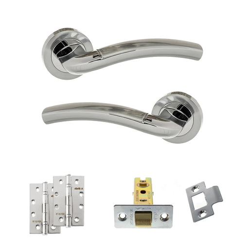Atlantic Eco Crest Door Handle Pack (Latch Set - 2.5" CE Latch, 4" Slim Knuckle Hinges x2) - Satin Chrome/Polished Chrome