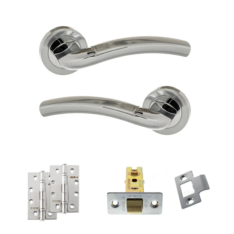 Atlantic Eco Crest Door Handle Pack (Latch Set - 2.5" CE Latch, 4" Slim Knuckle Hinges x2) - Satin Chrome/Polished Chrome